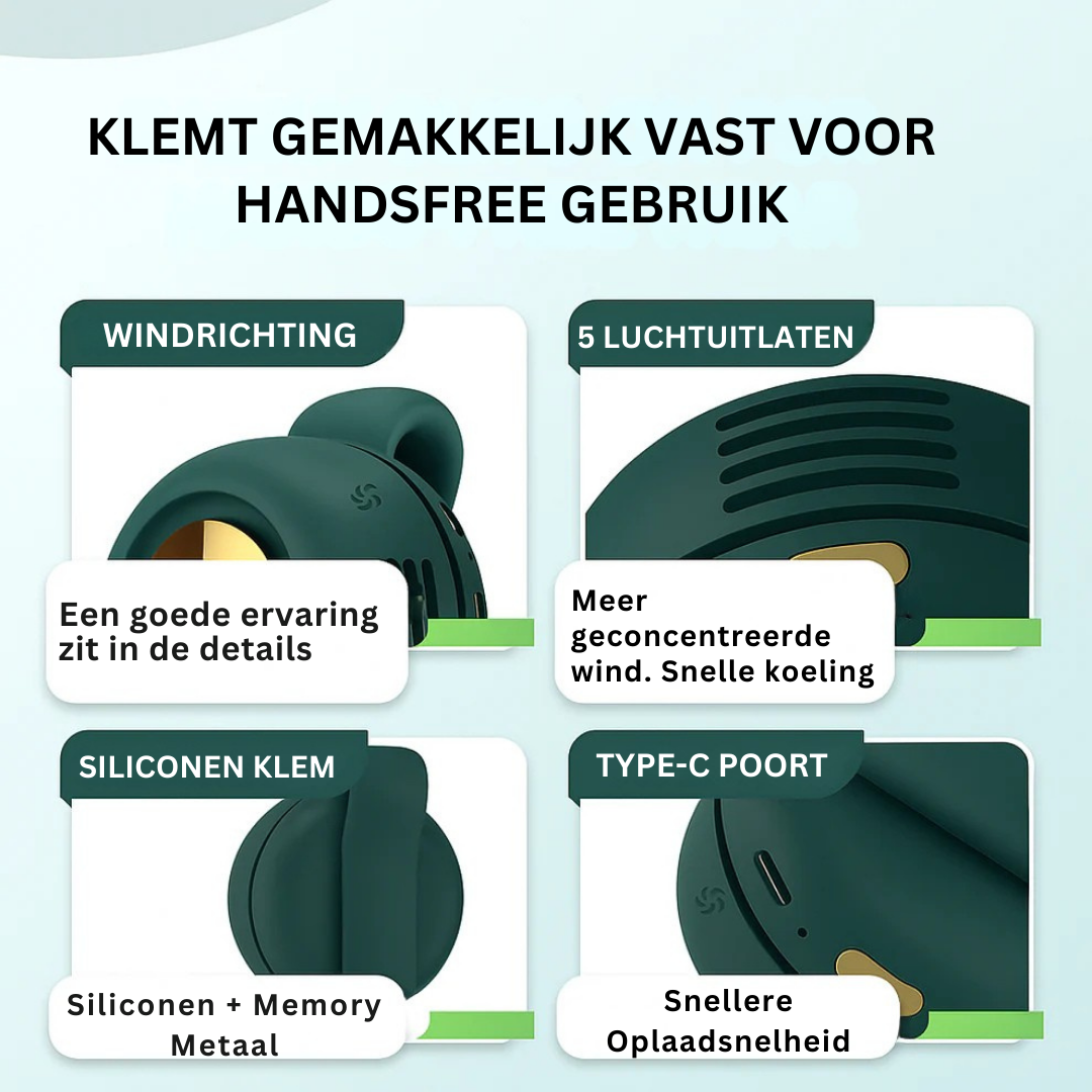 BreezeClip™ Pro – Stille & Draagbare Mini Ventilator met Klem